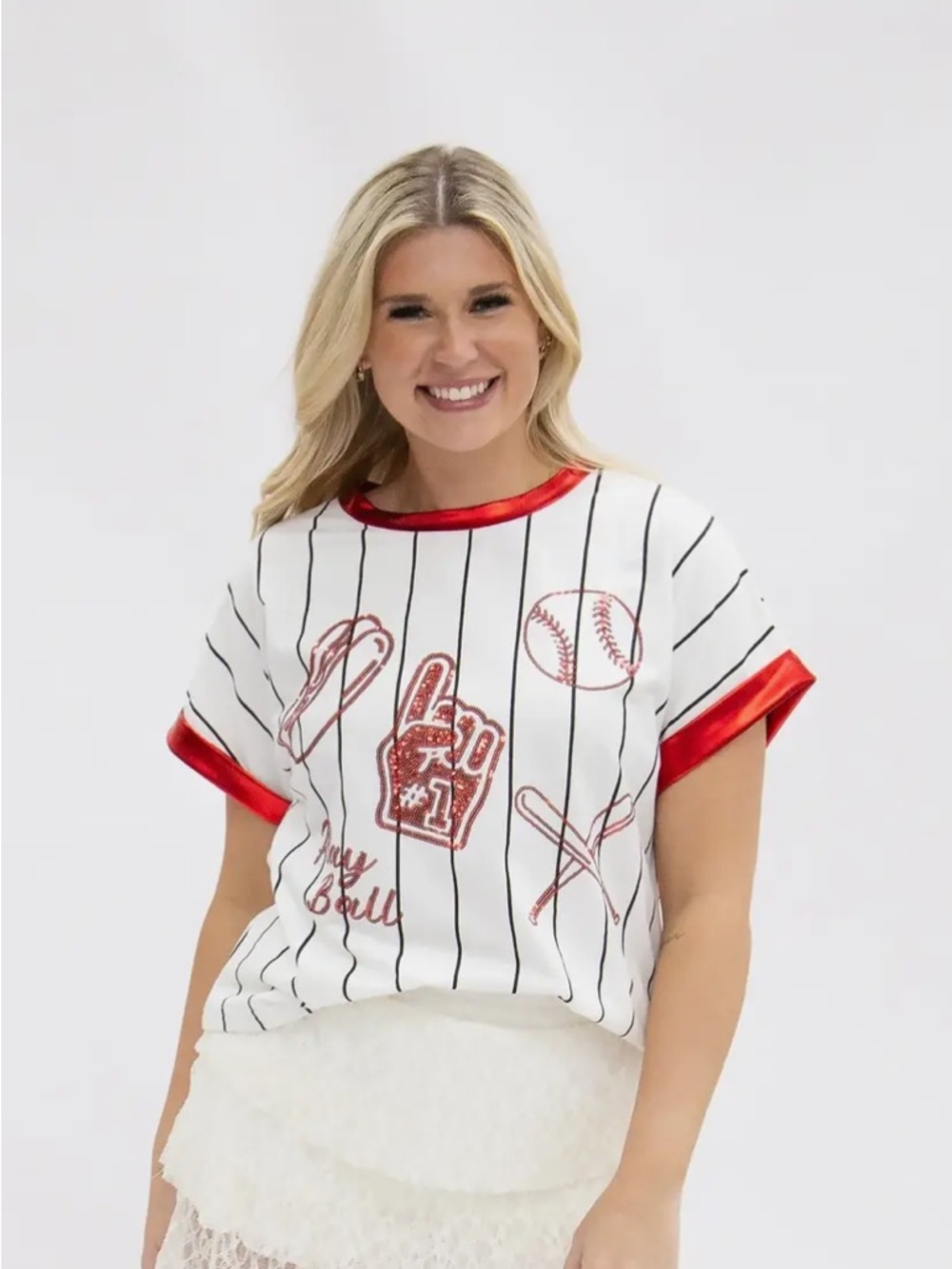 White & Red Pinstripe Baseball Sequin Jersey Top